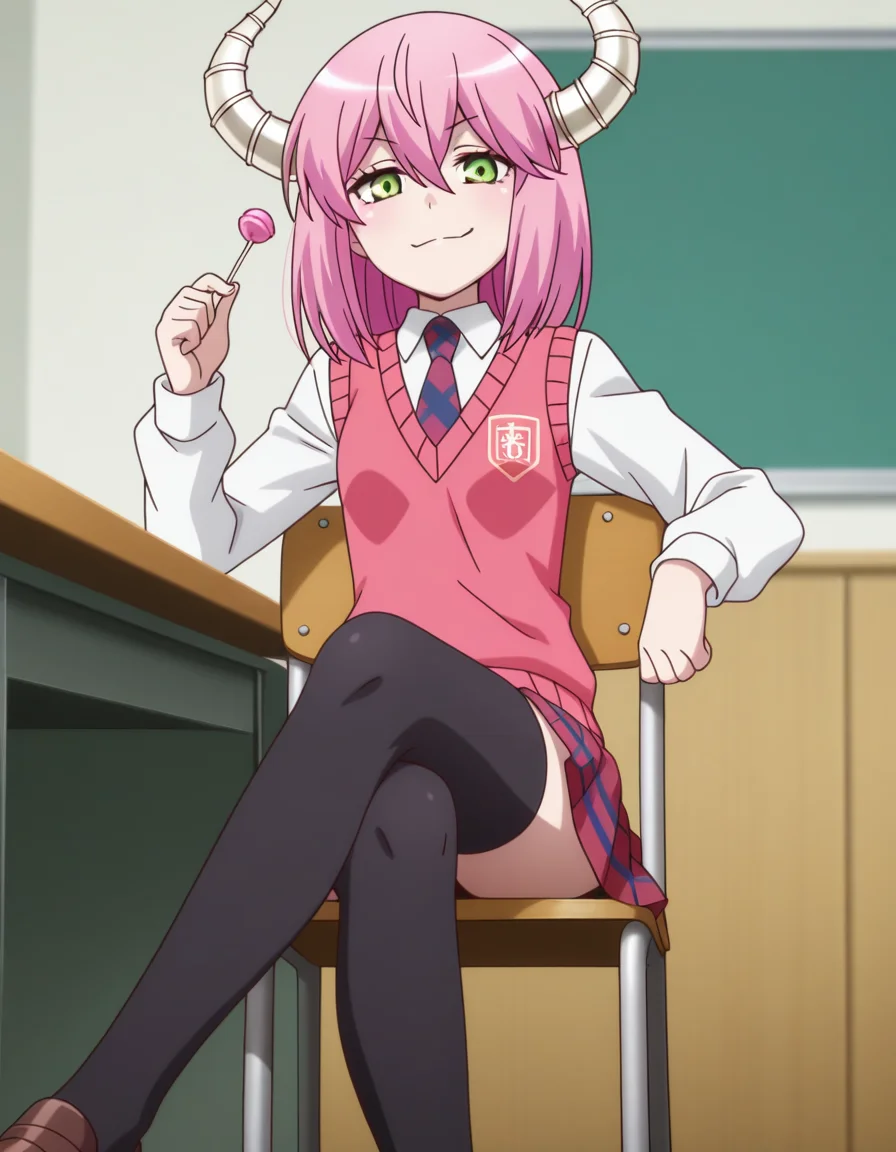 masterpiece,best quality,amazing quality, very aesthetic, 1girl, very awa, absurdres, highres, newest, anime screencap,
<lora:Akane_Koumoto:1>Akane,demon girl,pink hair, green eyes, horns, white shirt, sweater vest, plaid necktie, plaid skirt, black thighhighs, loafers,
legs crossed, sitting, desk chair, holding candies, smirk, looking at viewer, from front, desk on front,