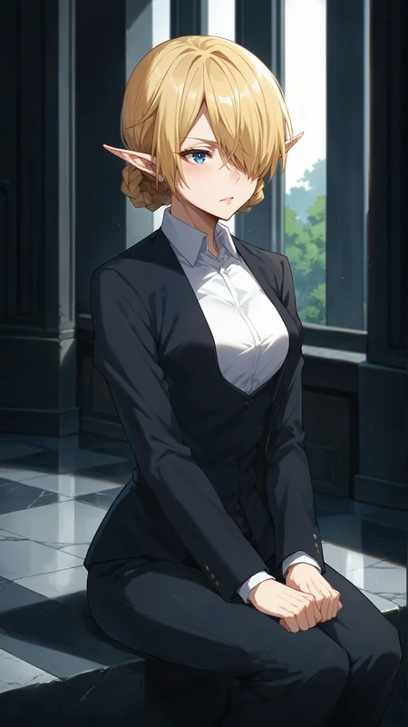 score_9,score_8_up,score_7_up,score_6_up, source_anime, zPDXL3, <lora:xl_more_art-full_v1:0.5>, woman, dynamic pose, fetal position, <lora:Kagali - Pony-000004:0.8>, blonde hair, hair up, braids, pointy ears, elf ears, hair over one eye, blue eyes, white collared shirt, black suit, suit jacket, suit pants, marble, marble pillars, reflections,
