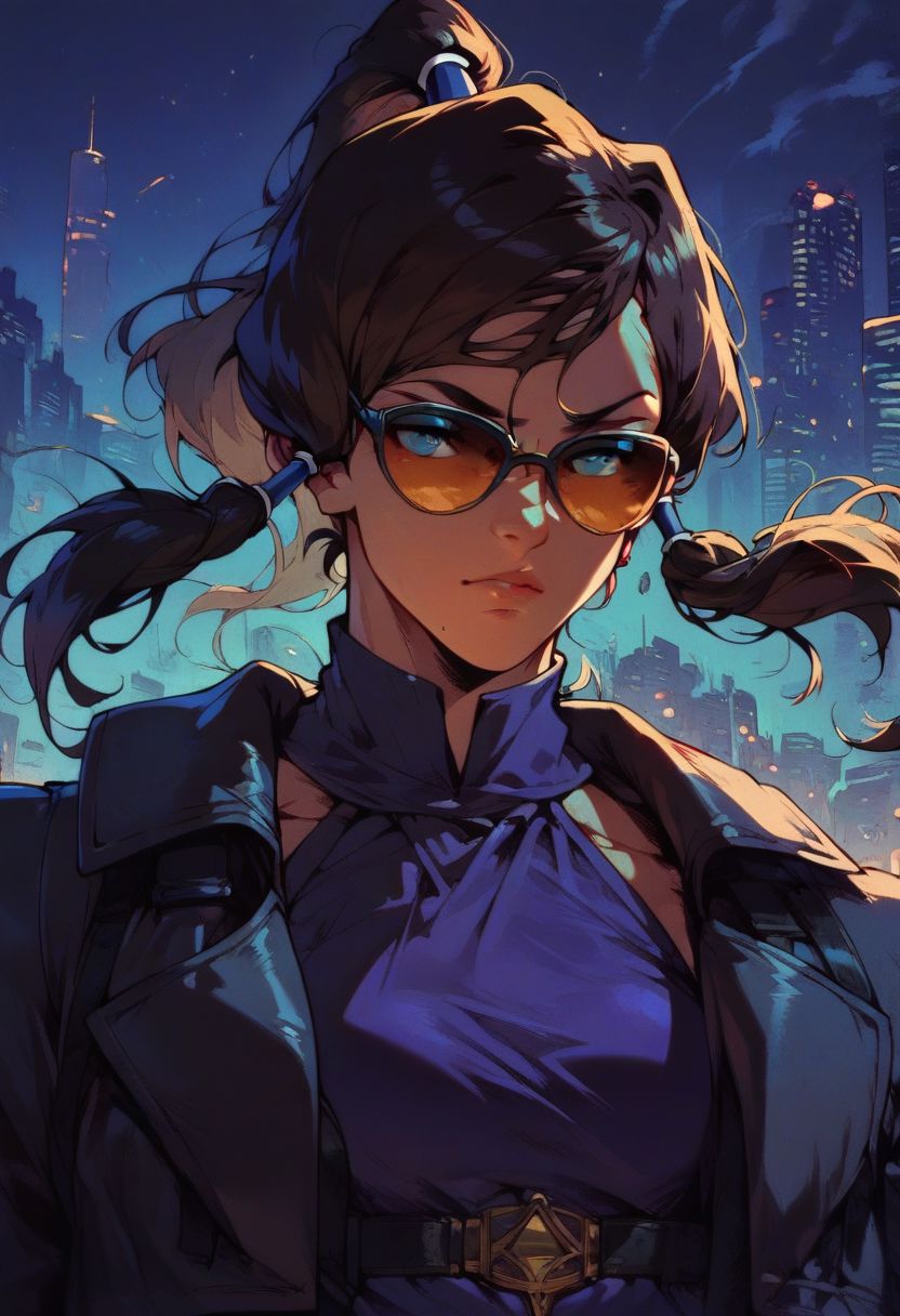 score_9,score_8_up,score_7_up,score_6_up, 2d, source anime,
ninawxl, korra, dark skin, brown hair, sunglasses, ponytail,
purple dress, cropped black jacket,  ,
standing, front view,
night, cityscape,