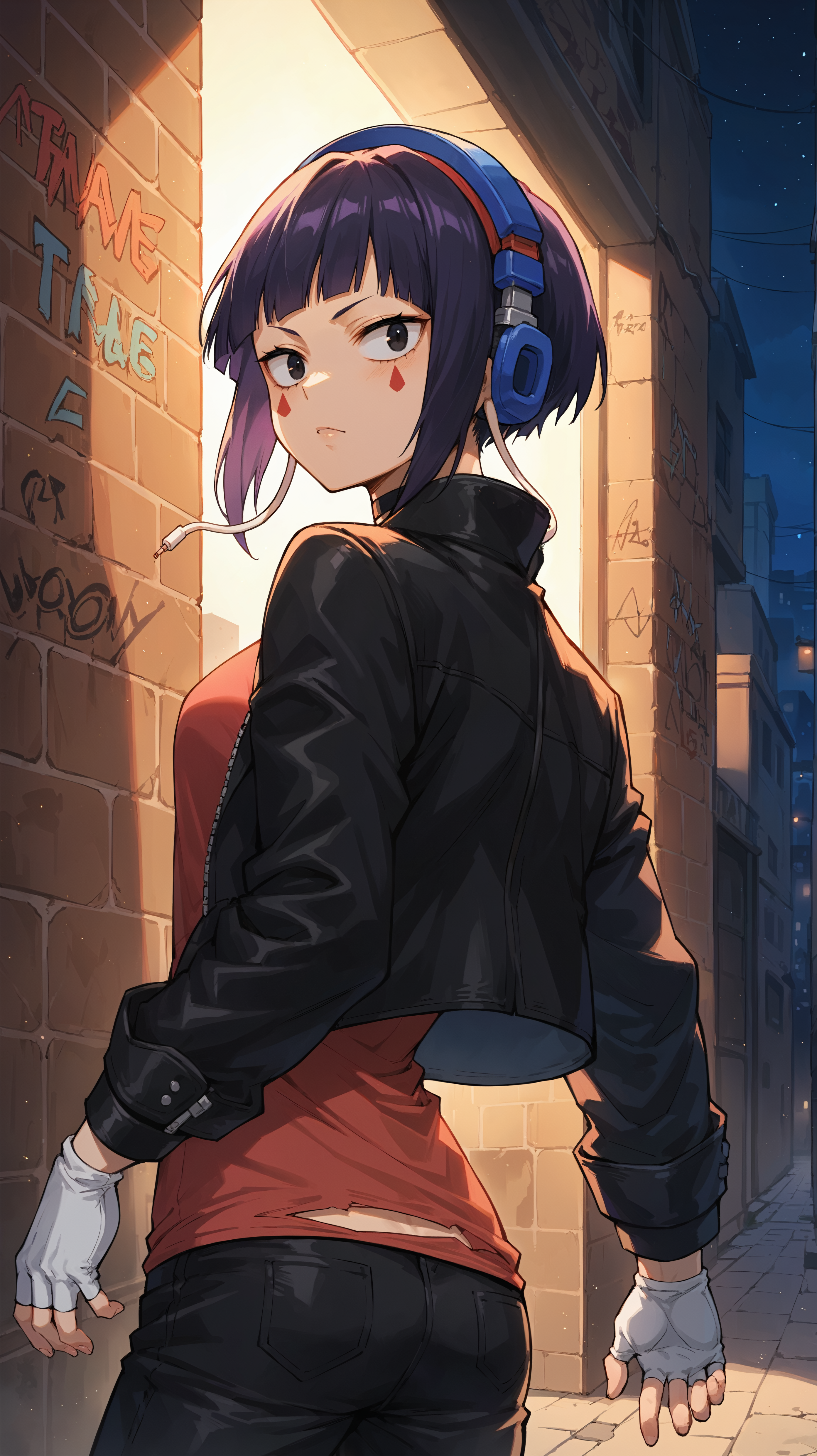 score_9,score_8_up,score_7_up,score_6_up, source_anime, <lora:xl_more_art-full_v1:0.5>, girl, dynamic pose, contrapposto, <lora:Kyoka Jiro (Earphone Jack) - Pony:0.8>, short hair, purple hair, black eyes, earlobes, long earlobes, earphone plugs, face markings, black choker, blue headphones, leather jacket, black jacket, red shirt, torn shirt, black pants, white gloves, fingerless gloves, city, dark, night time, darkness, dim lighting, back alley, graffiti,