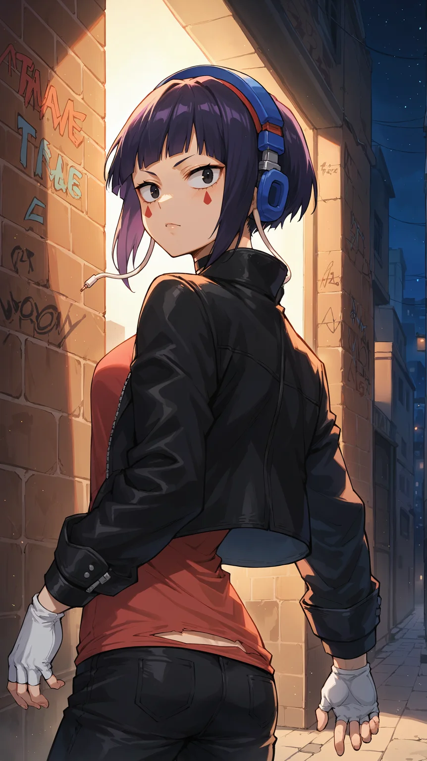 score_9,score_8_up,score_7_up,score_6_up, source_anime, <lora:xl_more_art-full_v1:0.5>, girl, dynamic pose, contrapposto, <lora:Kyoka Jiro (Earphone Jack) - Pony:0.8>, short hair, purple hair, black eyes, earlobes, long earlobes, earphone plugs, face markings, black choker, blue headphones, leather jacket, black jacket, red shirt, torn shirt, black pants, white gloves, fingerless gloves, city, dark, night time, darkness, dim lighting, back alley, graffiti,