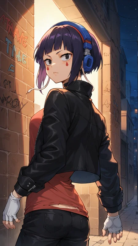 score_9,score_8_up,score_7_up,score_6_up, source_anime, <lora:xl_more_art-full_v1:0.5>, girl, dynamic pose, contrapposto, <lora:Kyoka Jiro (Earphone Jack) - Pony:0.8>, short hair, purple hair, black eyes, earlobes, long earlobes, earphone plugs, face markings, black choker, blue headphones, leather jacket, black jacket, red shirt, torn shirt, black pants, white gloves, fingerless gloves, city, dark, night time, darkness, dim lighting, back alley, graffiti,