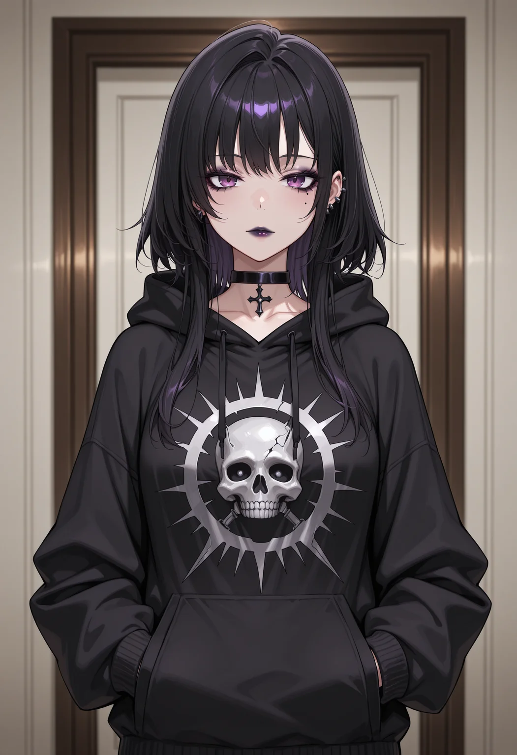 anime, masterpiece, best quality, detailed background, 8k, <lora:gothgirl:1>, goth girl, 1girl, makeup, lipstick, choker, hoodie