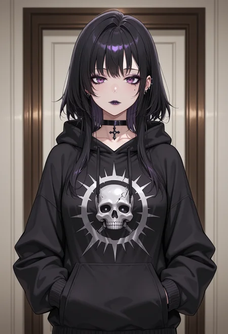 anime, masterpiece, best quality, detailed background, 8k,  <lora:gothgirl:1>, goth girl, 1girl, makeup, lipstick, choker, hoodie