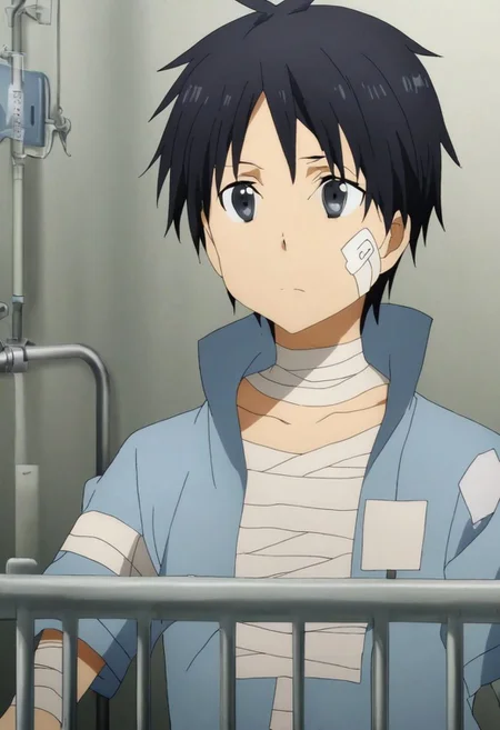 high resolution, solo, best quality, 1Boy, Kazuto Kirigaya, Black Hair, Black Eyes, bandage, patient, hospital, OverallDetail