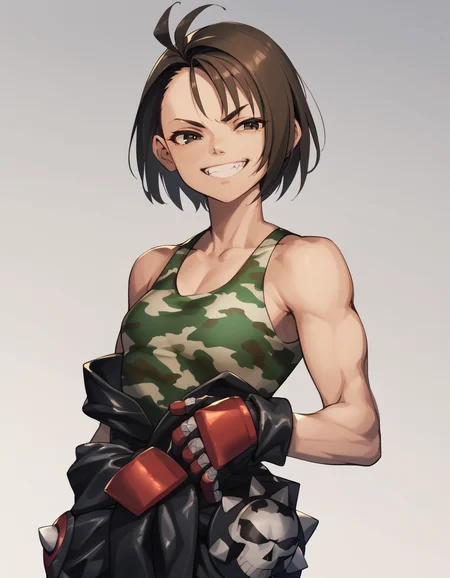 score_9,  score_8_up, score_7_up <lora:kazama-akira-ponyxl-000013:1> rskzm, camouflage tank top, jacket around waist, bare arms, leather pants, gloves,
upper body, grin, street