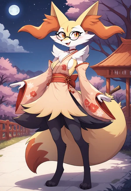 safe_pos, score_9, score_8_up, score_7_up, ultra quality, high res, source_furry, full body
1girl, BraixenPXL, Female Braixen, Anthro Fennec Fox, Furry Female, Amber Eyes, Yellow Fur, White Fur, Black legs, White paws, small breasts, fluffy fox tail, Tall, ((Tall Female))
bare shoulders, detached sleeves, japanese clothes, long kimono dress, long sleeves, sideboob, wide sleeves, dark blue clothes, glasses, black glasses frame, square glasses frame
looking at viewer, warm smile, cute eyes, blushing
Portrait, outdoor, meadow fields, strolling, night time, bright stars, full moon