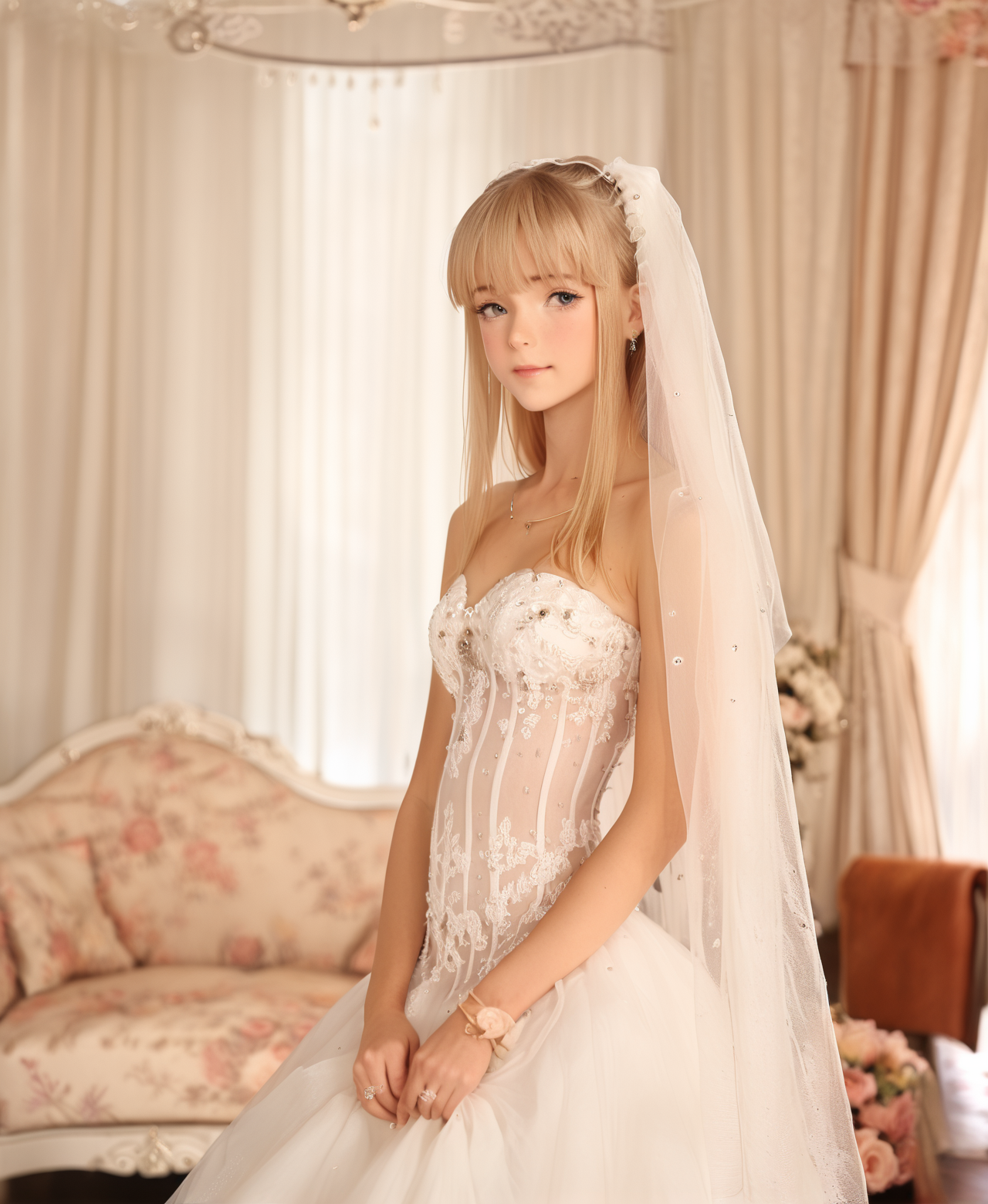 masterpiece,best quality,amazing quality,1girl,solo,cowboy shot，looking_at_viewer,from front,
<lora:人物loras\ill\ev4rv02\ev4rv02.safetensors:1.0>, very_long_hair, ligh gold hair,petite,slender,  
wedding dress, strapless,(see through:1.2),jewelry,veil,
indoors, living_room, 
grabbing dress,



