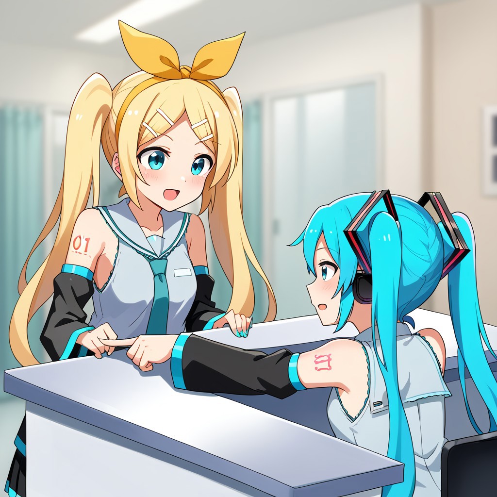 score_8, score_8_up, score_7_up, 2girls, female focus, lo_su_tu, BREAK Hatsune Miku, aqua hair, twintails, aqua eyes, necktie, collared shirt, sleeveless, detached sleeves, shoulder tattoo, open mouth, hands on table, looking at another BREAK kagamine rin, blonde hair, sleeveless shirt, sailor collar, detached sleeves, shoulder tattoo, from behind, sitting, chair, pointing, pointing to the side, BREAK counter, indoors, hospital, blurry background, photo background,
