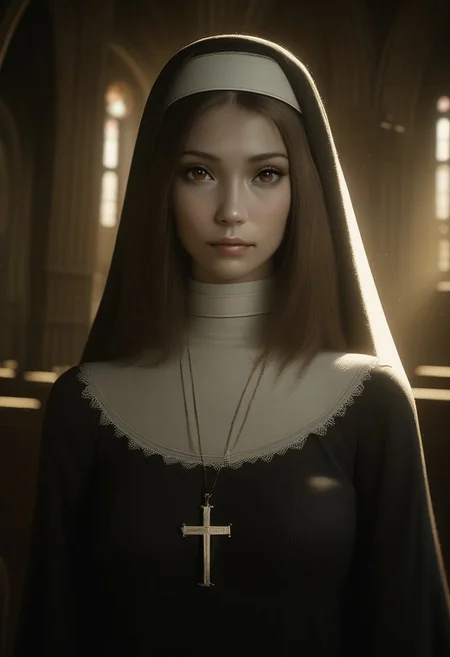 (realistic photo), BREAK cinematic, highly professional, high contrast, BREAK lo-fi, soft colors, EnD_Irreverant_Nuns, 1girl, solo, looking at viewer, brown eyes, jewelry, closed mouth, upper body, indoors, necklace, blurry, lips, blurry background, cross, realistic, nun, habit, cross necklace, latin cross, church, gradient overlay, lo-fidelity, chromatic abberation, film grain, masterwork photography, (unreal engine 5), ,specular highlights, rembrandt lighting, side lighting, extreme light and shadow, cinematic lighting, natural lighting, cinematic angle, best quality, masterpiece