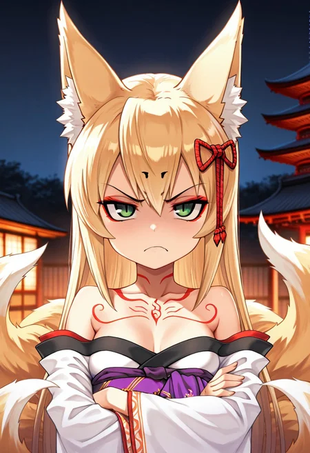 1girl, Tamamo, blonde hair, long hair, hair accessory, fox girl, fox tail, fox ears, green eyes, red eyeliner, small breasts, petite, monster girl, slit pupils, multiple tails, red tattoo, simple background, japanese garden, pagoda, white kimono, off shoulders, sash, angry, fan, crossed arm,
masterpiece, best quality,amazing quality, very aesthetic, absurdres, depth of field, blurry background, dark, extremely detailed face, detailed eyes, dark colors, dynamic pose,