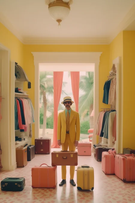<lora:Director Wes Anderson style:1>Director Wes Anderson style - a shot from movie, 3 monkeys wearing Balenciaga swim shorts, packing suitcases in luxury villa room full of clothes, photographed on Phase One camera system and 35 mm lens from distance,