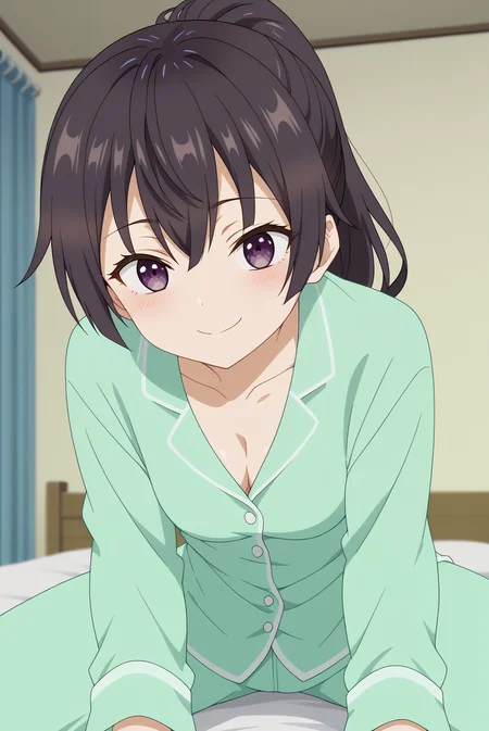 score_9, score_8_up, score_7_up, anime screencap,source_anime, anime coloring,anime screencap, 1girl, Yuki Suou, long hair, solo , black hair, hair between eyes, brown eyes, purple eyes, ,brown hair, pajamas, smile, ponytail, collarbone, long sleeves, green pants, looking at viewer, cleavage, green shirt, on bed, sitting , spread legs, from below, bent forward,small breasts, <lora:Yuki Suou_epoch_1.safetensors:0.8>