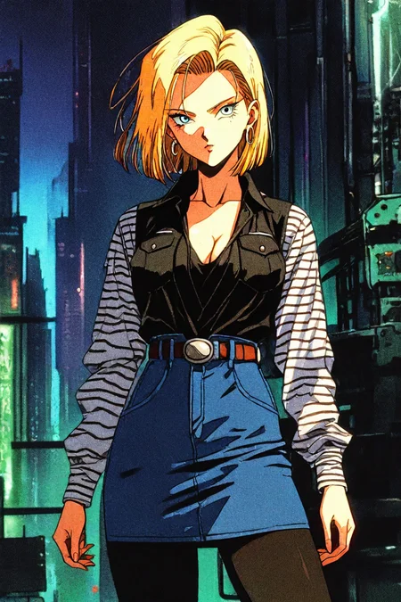 score_9, score_8_up, score_7_up, score_6_up, score_5_up, score_4_up, <lora:android-18-ponyxl-lora-nochekaiser:0.6> ,android 18, blonde hair, blue eyes, eyelashes, hoop earrings, short hair, earrings, belt, black legwear, black shirt, breast pocket, cleavage, collarbone, denim, denim skirt, high-waist skirt, jewelry, long sleeves, pocket, shirt, shirt tucked in, skirt, striped, striped sleeves, waistcoat,<lora:retro_scifi_artstyle-000021:0.8>, 1girl, solo, alone, retro_artstyle, retro, cyberpunk, masterpiece, highres, cyberpunk city background