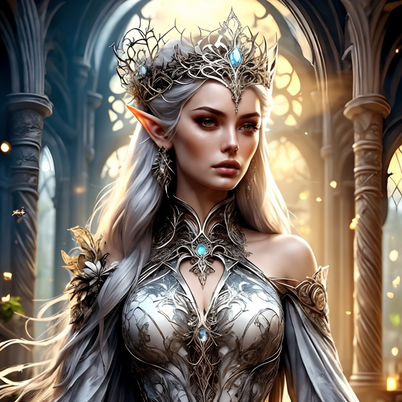 RAW photo, (masterpiece:1.3), subsurface scattering, heavy shadow, (high quality:1.4), (intricate, high detail:1.2), professional photography, HDR, High Dynamic Range, realistic, ultra realistic, photorealistic, high resolution, film photography, ambient lighting, atmospheric effects, <lora:detail_slider_v4:2>, OverallDetail,  <lora:ElfQueen:1>, 1girl, bare shoulders, breasts, crown, dress, earrings, elfqueen, flower, freckles, hair ornament, jewelry, lips, long hair, looking at viewer, looking to the side, pointy ears, solo, tiara, white hair, <lora:ElvenInterior:0.9>, in a study with desk, shelves, elfint,