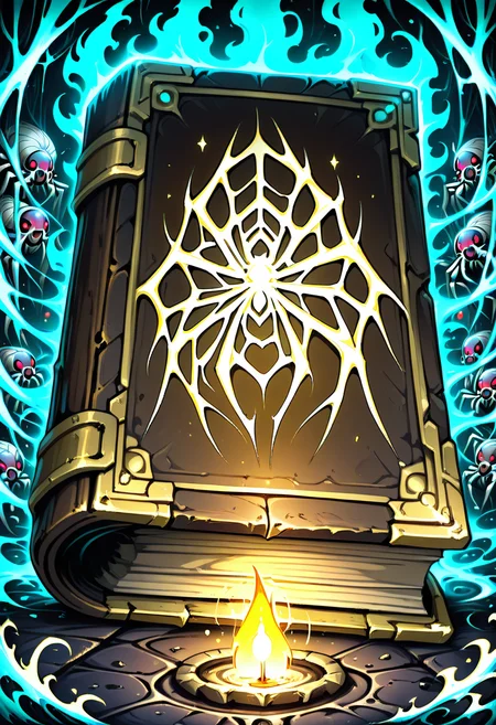 masterpiece, best quality, no humans, CitronsGrimoires, black book, spider web symbol, gothic cover, silver filigree, arcane markings, solo object, ancient tome, eerie glow, surrounded by spiders, hundreds of spiders, spider legs, cobweb-covered altar, candlelit room, dark magic, horror atmosphere, dusty stone floor, magical aura, sinister elegance, cinematic shadows â Perched atop a crumbling altar wrapped in thick, silken webs, the black grimoire rests with unsettling stillness. Its cover bears the mark of a spiderweb, etched in silver and pulsing with faint, malevolent light. Swarms of spiders crawl across its surface, tiny legs clicking over the arcane runes inscribed on its spine. Candlelight flickers dimly, casting twitching shadows across the walls, while the air hums with ancient, venomous magic. The book trembles, as if alive, and the surrounding horde of spiders freezes in unisonâawaiting the command of whatever dares to read from its cursed pages. ,<lora:CitronsGrimoiresIXL:1.0>,