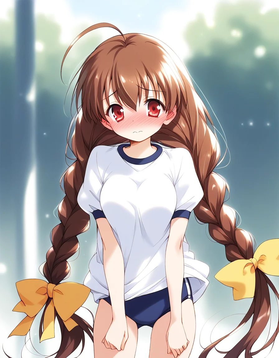 score_9, score_8_up, score_7_up, source_anime, rating_explicit, BREAK  <lora:Pasocom_Paradise_2001.8_XL:0.9>Pasocom_Paradise_2001.8, very long hair, twin braids, ahoge, bangs, brown hair, red eyes, hair between eyes, Yellow bow, 
gym uniform,white shirt, dark blue buruma, 
outdoor day
 medium breasts, full-face blush, embarrassed, 
looking at viewer, 
cowboy_Shot,