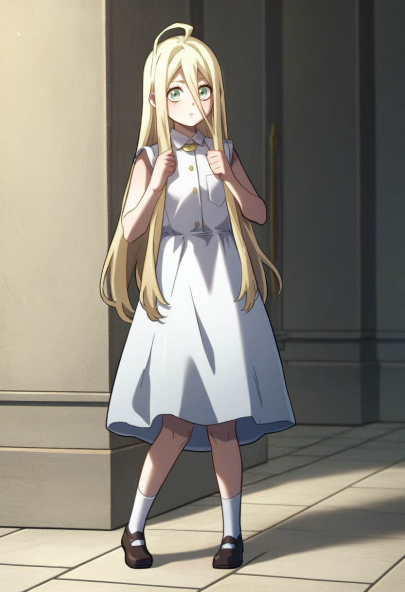 score_9, score_8_up, score_7_up, , <lora:add-detail-xl:3>,
BREAK
<lora:peri:0.8>, peri, green eyes, blonde hair, long hair, hair between eyes, ahoge, white dress, 
BREAK
solo,
white socks, shoes,