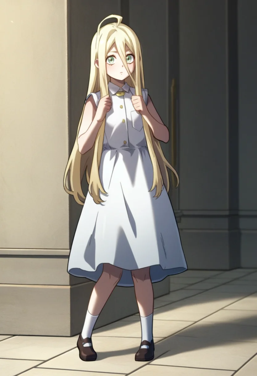 score_9, score_8_up, score_7_up, , <lora:add-detail-xl:3>,
BREAK
<lora:peri:0.8>, peri, green eyes, blonde hair, long hair, hair between eyes, ahoge, white dress,
BREAK
solo,
white socks, shoes,