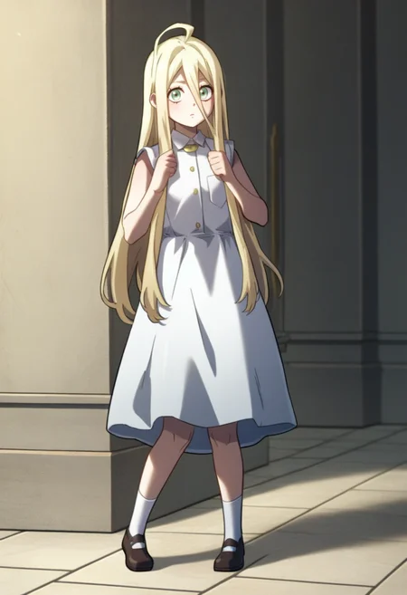 score_9, score_8_up, score_7_up, , <lora:add-detail-xl:3>,
BREAK
<lora:peri:0.8>, peri, green eyes, blonde hair, long hair, hair between eyes, ahoge, white dress,
BREAK
solo,
white socks, shoes,