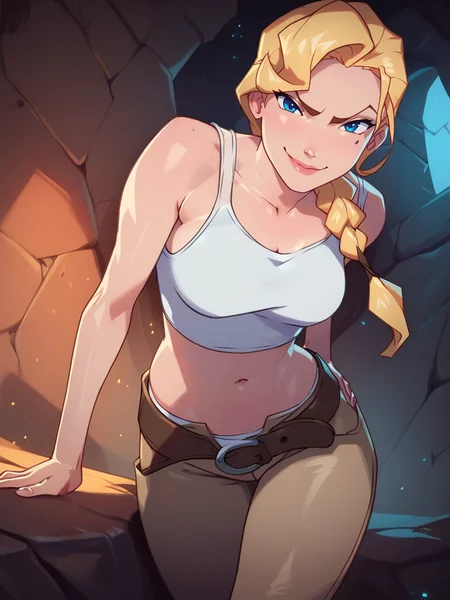 score_9, score_8_up, score_7_up, 1girl, sexy pose, leaning forward, evil smile, cavern, rocks, detailed background, detailed background, looking at viewer, cowboy shot, (dynamic pose:1.1), dynamic angle, from below, closed mouth,
<lora:HelgaSinclair_character:1>,HelgaXLP, blue eyes, blonde hair, single braid, mole under eye, white tank top, navel, belt, brown pants, <lora:KajinmanLycoXL:0.7>