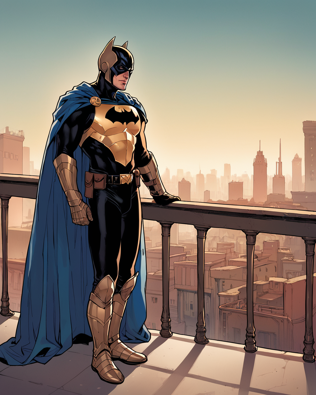 score_9, score_8_up, score_7_up, score_6_up, source_cartoon, source_western, AdamHughesStyle, 1boy, Batman, armor, armored_boots, belt, black_cape, boots, cape, full_armor, full_body, gauntlets, greaves, helmet, male_focus, pauldrons, shoulder_armor, solo, standing, standing on balcony, background Gotham city<lora:AdamHughes_PDXL:0.95>