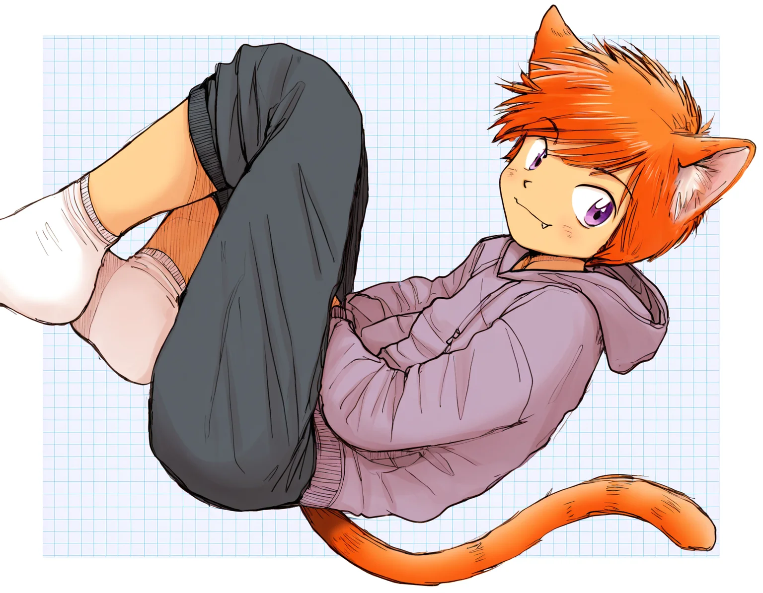 masterpiece, best quality, boysfactory-style, white border, grid background, 1boy, solo, orange hair, purple eyes, cat ears, cat tail, cat boy, looking at viewer, smile, fang, hoodie, pants, lying, white socks <lora:boys_factory_NaXLeps_v4f-ShoAI:1>