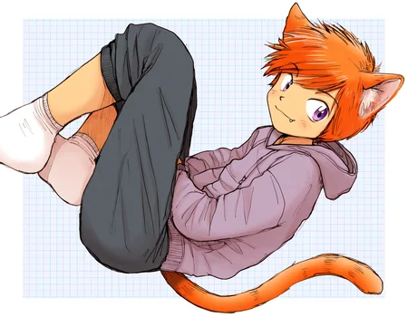 masterpiece, best quality, boysfactory-style, white border, grid background, 1boy, solo, orange hair, purple eyes, cat ears, cat tail, cat boy, looking at viewer, smile, fang, hoodie, pants, lying, white socks <lora:boys_factory_NaXLeps_v4f-ShoAI:1>