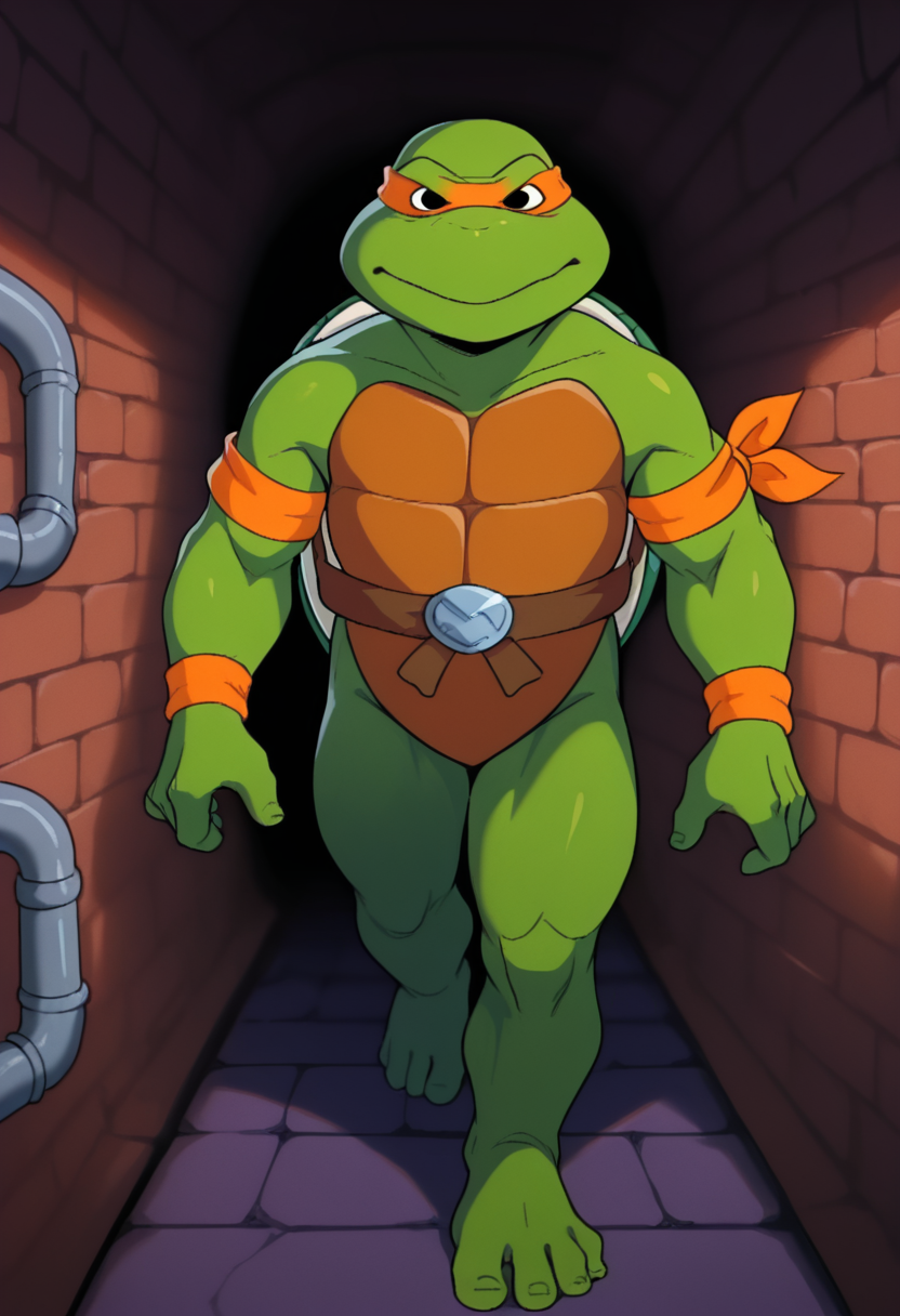 best quality, masterpiece, absurdres, newest, highly detailed, cowboy shot,
<lora:TMNT_1987_-_Cartoon_Screen_Captured_Style:1> 1987tmnt5tyl3,
looking at viewer, sewer scenery, pipes, brick walls,
Michelangelo \(TMNT\), black eyes, turtle shell, ninja turtle, anthro, male focus, 1boy, green skin, colored skin, barefoot, orange eye band, orange chest, orange armband, orange wristband, orange kneeband, "M" belt,