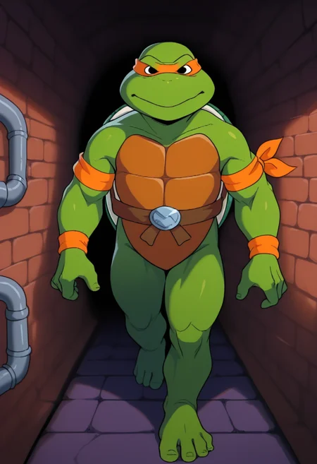 best quality, masterpiece, absurdres, newest, highly detailed, cowboy shot,
<lora:TMNT_1987_-_Cartoon_Screen_Captured_Style:1> 1987tmnt5tyl3,
looking at viewer, sewer scenery, pipes, brick walls,
Michelangelo \(TMNT\), black eyes, turtle shell, ninja turtle, anthro, male focus, 1boy, green skin, colored skin, barefoot, orange eye band, orange chest, orange armband, orange wristband, orange kneeband, "M" belt,