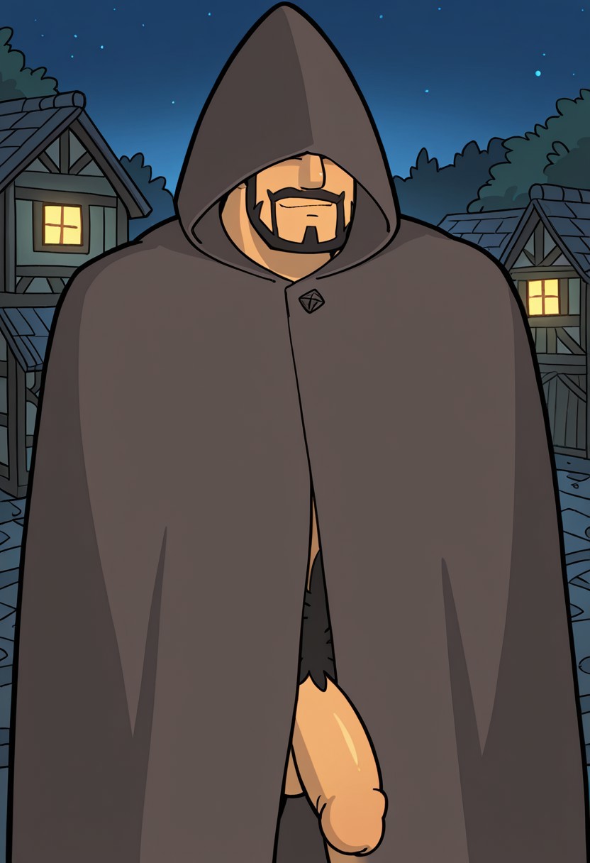 detailed background, detailed background, masterpiece, perfect quality, best quality, detailed, newest, very aesthetic, BanditRMA, facial hair, bara, solo, black hair, 1boy, male focus, village background, night,  smile, cloak, hood, smirk, erect penis, nude