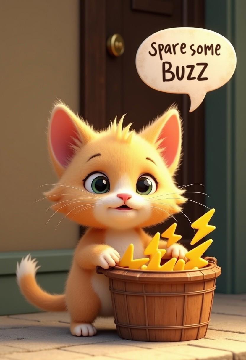A cute innocent cartoonish realistic 3d kitten, holding a basket in its paws, bucket has a few with (yellow foam lightning bolt buzz icons) in it, standing at the door outside the house, speech bubble above it saying "spare some buzz" text legibly written