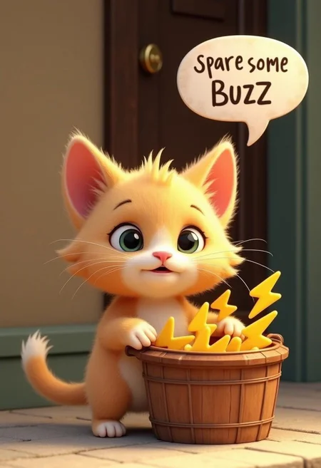 A cute innocent cartoonish realistic 3d kitten, holding a basket in its paws, bucket has a few with (yellow foam lightning bolt buzz icons) in it, standing at the door outside the house, speech bubble above it saying "spare some buzz" text legibly written