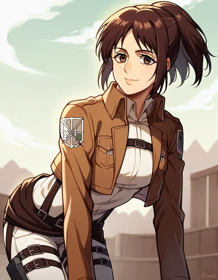 score_9, score_8_up, score_7_up, source_anime, <lora:sasha-blouse-s1-ponyxl-lora-nochekaiser:1>, sasha blouse, brown hair, brown eyes, short hair, ponytail, mature female, medium breasts,, <lora:paradis-military-uniform-ponyxl-lora-nochekaiser:1>, paradis military uniform, belt, cloack, cropped jacket, emblem, green cloak, jacket, long sleeves, pants, shirt, thigh strap, uniform, white pants, white shirt, brown jacket,, landscape, bent over, smile, looking at viewer, solo,, cowboy shot, dutch angle