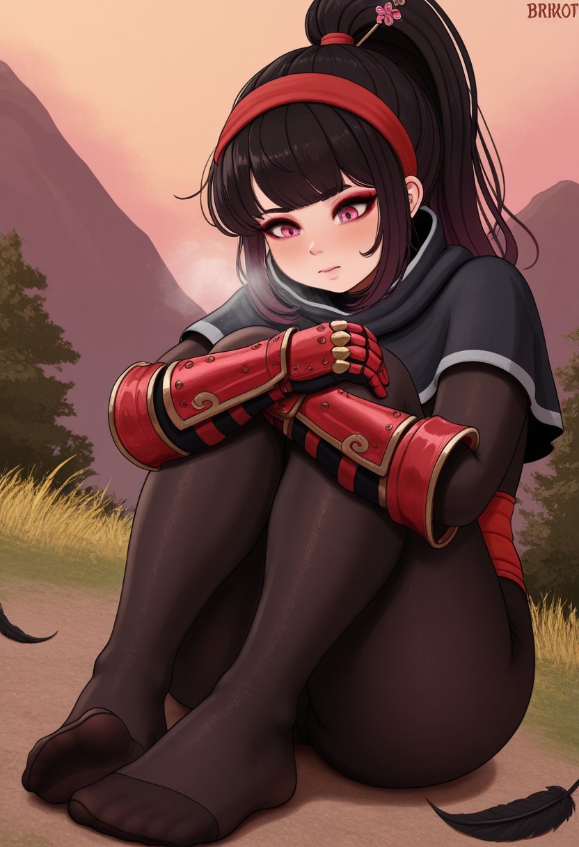 brikot,  outdoors, undershirt, falling feathers, black bodysuit, hair stick, hugging knees , gauntlets,   eyeshadow,   red gloves,  high ponytail,  , black capelet, red hairband, pink eyes, 1girl, solo, feet, visible breath,   dynamic angle, foreshortening, smell, steam,