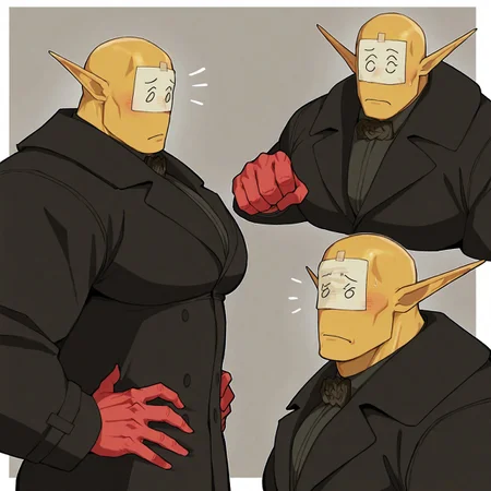 masterpiece, best quality, newest, absurdres, highres, Diz_D00dz, white borders around characters, soft light, BREAK bara, muscular, 1man, male focus, male, male focus, Drattula, yellow skin, bald, strong jaw, red hands, a paper taped to face, japanese emoticons, long ears, {{beefy}}, {{muscular}}, {{large}}, close up to face, black coat, hands on the waist