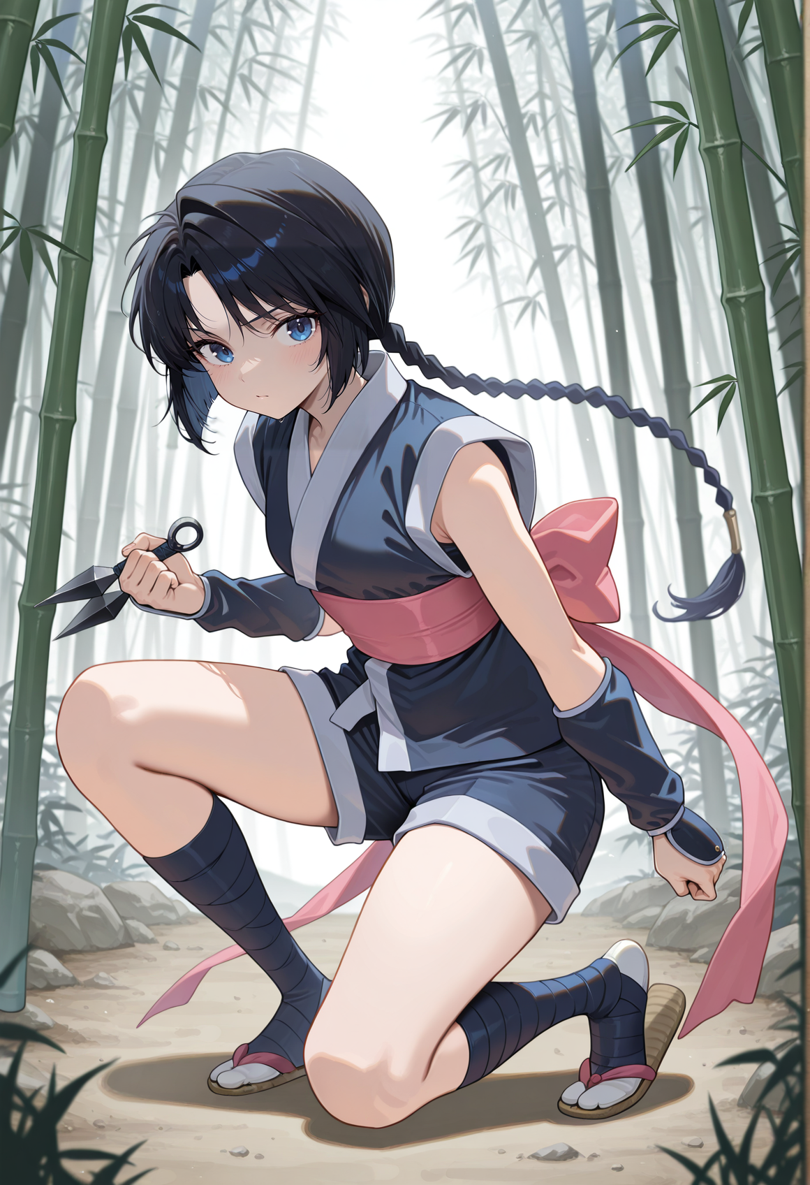 1girl, long hair, black hair, blue eyes, braid, ninja, sleeveless, obi, ribbon, shorts, arm warmers, leg wrap, tabi, sandals, fighting stance, holding kunai, outdoors, bamboo forest,   <lora:miaso_illus:1>, masterpiece, best quality, amazing quality, very aesthetic, absurdres, highres, newest