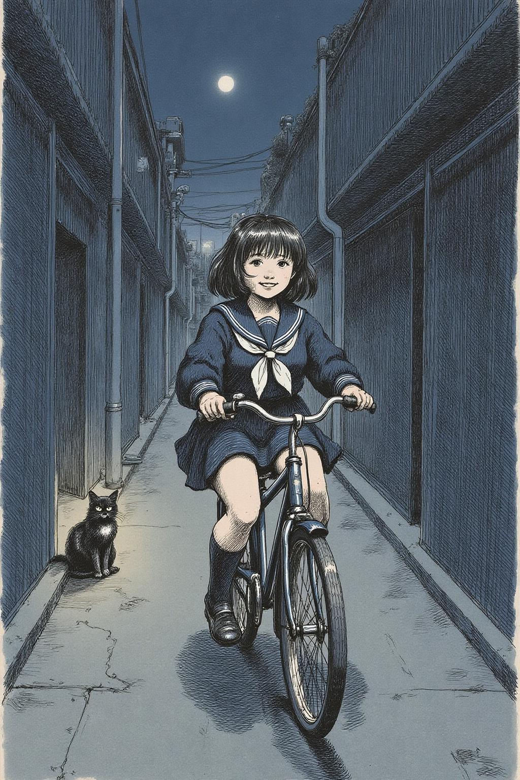 rembr1 etching. A young Japanese woman riding a old style bicycle through a narrow, quiet street at night. The happy woman wears a dark blue sailor style school uniform. In the corner, a small black cat with piercing eyes sits watching her quietly.  <lora:rembr_etch4_cap_d6a3e11:1.0><lora:810546275628990958:0>