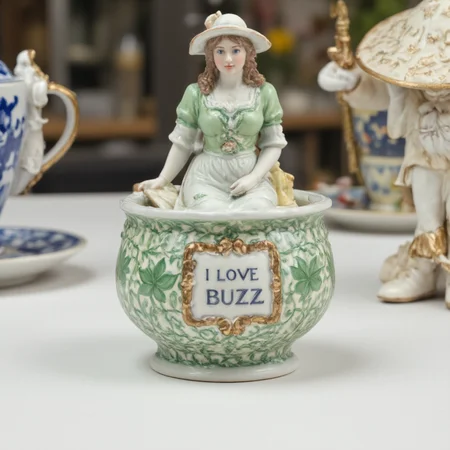 A photograph of a ceramic woman in traditional attire,wearing a hat depicted on a chamber pot surrounded by green floral and geometric patterns,with a large hat and a plaque with the inscription "I LOVE BUZZ" in the background on a white surface in the style of Delft tableware.,<lora:aidmaTableTopMiniatures:1>,aidmaTableTopMiniatures,<lora:stained-glass:1>,