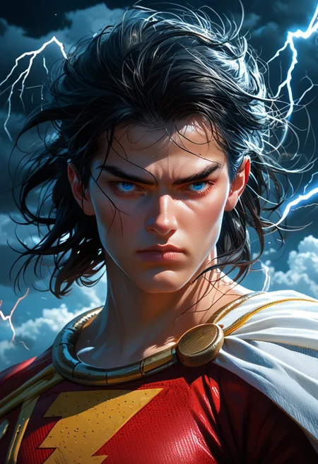 score_9, score_8, score_7, score_6, high quality, Shazam, black hair, blue eyes, red suit, white cape, hero suit, dynamic pose, lightning, dark clouds, flying, upper body, portrait,