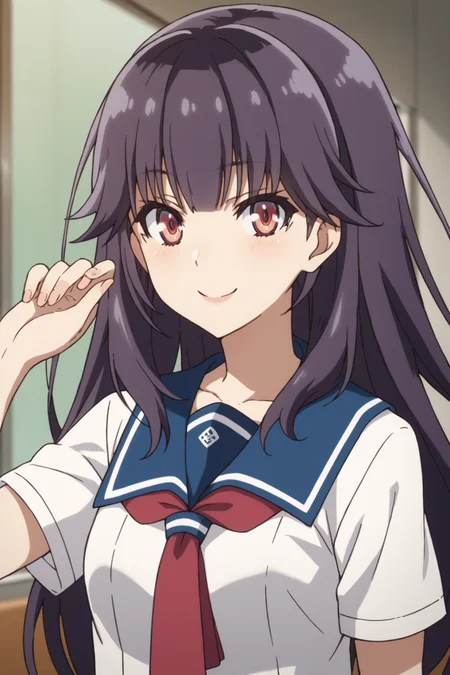 score_9, score_8_up, score_7_up, score_6_up, score_5_up, source_anime, rating_safe, indoors, 1girl, solo, looking at viewer, (dynamic pose:1.5), (upper body:1.1), homura chika, purple hair, long hair, red eyes, shimizu minami high school uniform, serafuku, short sleeves, blue collar, red neckerchief, white shirt, blue skirt, plaid skirt, white kneehighs, loafers, <lora:Chika_Homura:0.8>, <lora:age_slider_v4:2>, smile, open mouth