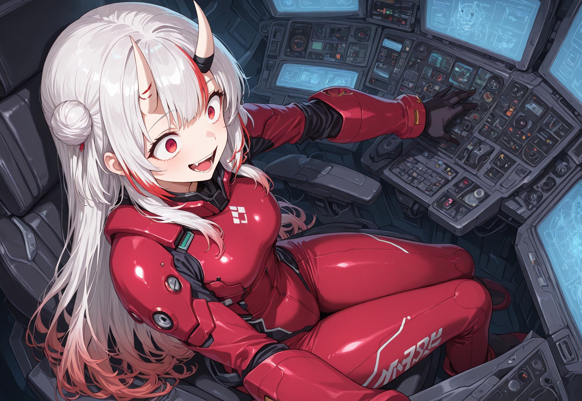 masterpiece, best quality, ultra detailed, absurdres, highres, newest, three quarter view, mecha, cockpit, pilot seat, monitors, 1girl, solo, nakiri ayame, oni, oni horns, white hair, red hair, streaked hair, gradient hair, red eyes, mech pilot suit, red suit, visor, sitting, piloting, crazy eyes, crazy smile, open mouth, screaming