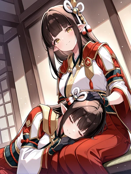 4 finger hands,twins, minoto, hinoa, 2girls, smile, closed eyes, blush, looking at viewer, closed mouth, sitting, sidelocks, side hair ornament, white japanese clothes, black partially fingerless gloves, red hakama skirt, double hair ornament, white kimono, red sleeves, black gloves, sleeping on person,
masterpiece,best quality,amazing quality,very aesthetic,absurdres,newest,<lora:Minoto and Hinoa illuXL v1.1:0.8>,