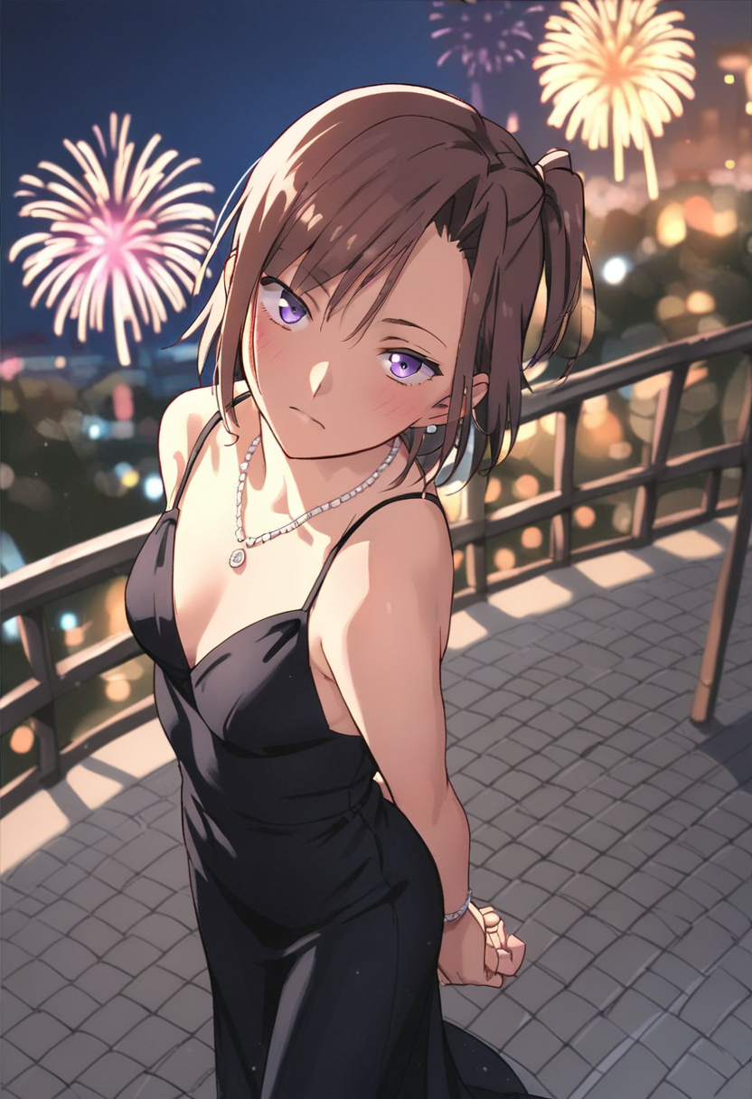 <lora:kimura_risa:0.75>
score_9, score_8_up, score_7_up, score_6_up,
score_5_up, score_4_up, source_anime, 
kimura_risa, 1girl, solo, purple eyes, brown hair, one side up,
(necklace, bracelet, earrings,)0.8 
black dress, evening gown,
arms behind back, looking at viewer, upturned eyes, blush, from above,
outdoors, fireworks, night, blurry background,