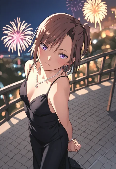 <lora:kimura_risa:0.75>
score_9, score_8_up, score_7_up, score_6_up,
score_5_up, score_4_up, source_anime,
kimura_risa, 1girl, solo, purple eyes, brown hair, one side up,
(necklace, bracelet, earrings,)0.8
black dress, evening gown,
arms behind back, looking at viewer, upturned eyes, blush, from above,
outdoors, fireworks, night, blurry background,
