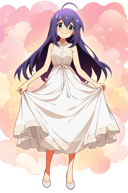 masterpiece,best quality,very aesthetic,absurdres,highres,newest,official art,official style,
1girl,solo,
mochizuki anna,purple hair,green eyes,ahoge,
dress,white dress,sleeveless dress,
<lora:eye_focus_illus:1>,eye_focus,
standing,full body,
<lora:idolmaster_mochizuki_anna_ill_v1.0:1>,