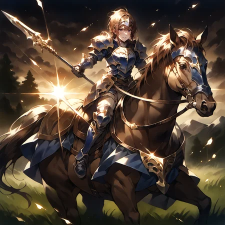 score_9,score_8_up,score_7_up,best quality,masterpiece,super detailed,extreme detailed,full_body,zPDXL BREAK (nature:1.1),(field:1.1),
<lora:Pony_DetailV2.0:1> BREAK 1girl,Cavalier,knight,armor,cape,gloves,helmet,horse,horseback riding,<lora:Cavalier:0.8>,holding spear,charging forward,fighting stance,