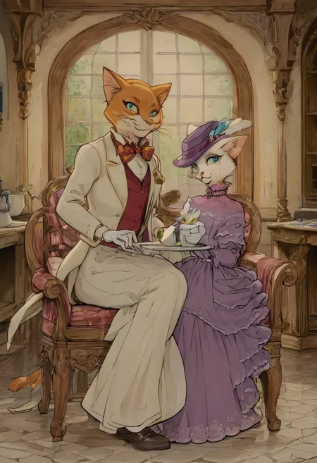 score_9, score_8_up, score_8, cute, in the style of beatrix potter, cel-shading, fca style, baroness louise, white fur, cat, female cat, blue eyes, anthro, gloves, purple hat, elegant hat, purple dress, looking at viewer, beautiful eyes, smile, 1girl, BREAK
baron humbert, ginger fur, blue eyes eyes, cat, male, anthro, suit, tuxedo, blue blow-tie, white gloves, 1boy, BREAK
duo, indoors, victorian house, sitting at chair, table, kitchen