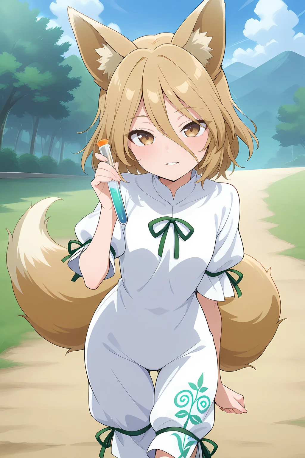 absurdres, highres, masterpiece, best quality, amazing quality, official anime artwork, screencap, anime screencap, outdoors, looking at viewer, light smile, dynamic pose, standing, 
 <lora:Tsukasa-Kudamaki_Illustrious:1> kudamaki tsukasa, 1girl, solo, brown eyes, blonde hair, short hair, fox ears, fox tail,, white romper, green ribbon, puffy short sleeves, holding test tube, parted lips,