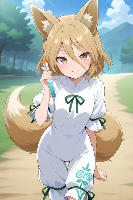 absurdres, highres, masterpiece, best quality, amazing quality, official anime artwork, screencap, anime screencap, outdoors, looking at viewer, light smile, dynamic pose, standing, 
 <lora:Tsukasa-Kudamaki_Illustrious:1> kudamaki tsukasa, 1girl, solo, brown eyes, blonde hair, short hair, fox ears, fox tail,, white romper, green ribbon, puffy short sleeves, holding test tube, parted lips,